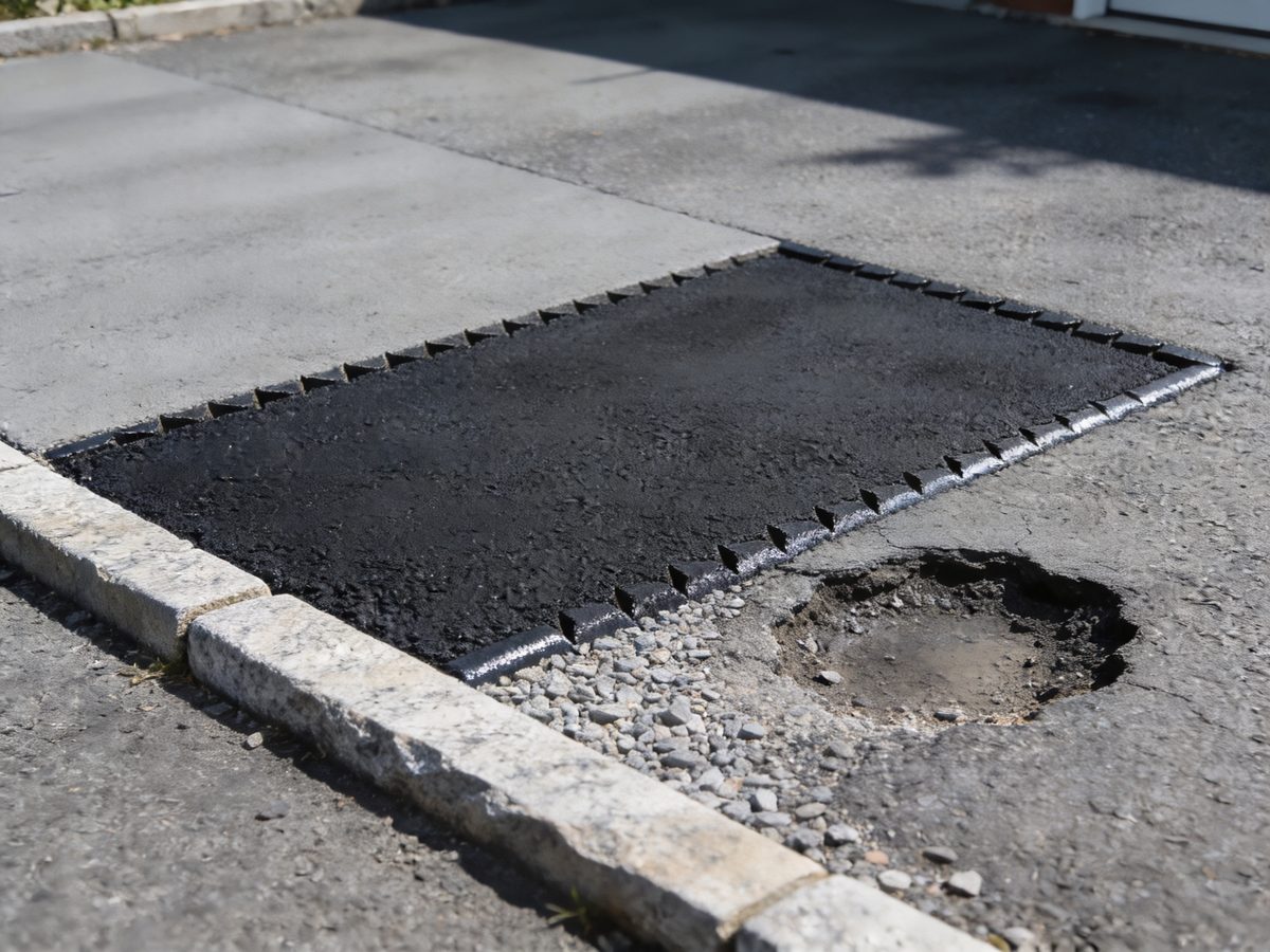 A rebuilt asphalt patch where a pothole was cut out of a driveway