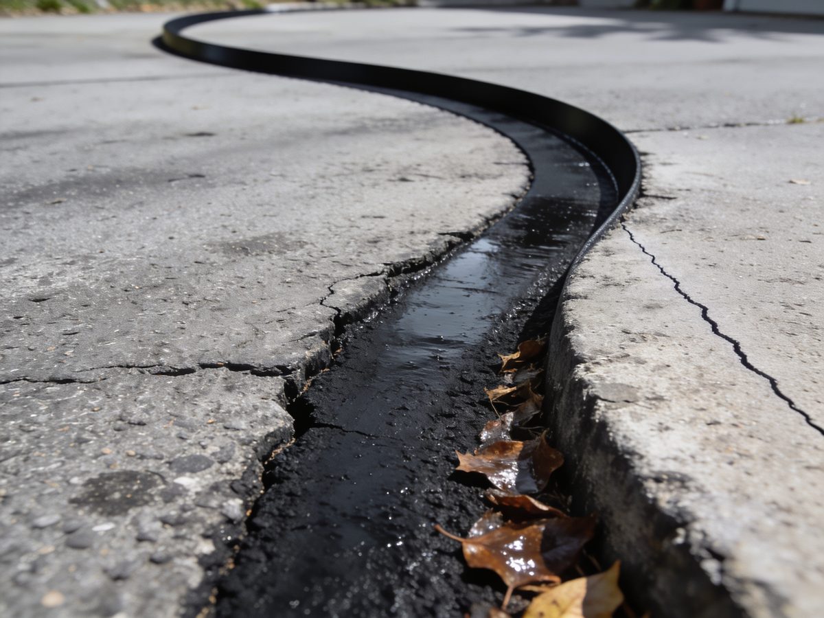 A crack in an asphalt driveway filled flush with black rubberised crack sealant