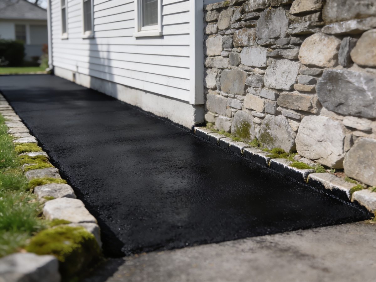 An asphalt driveway with one half freshly sealcoated black and the other half still weathered grey