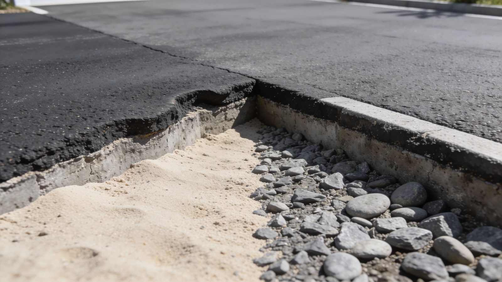 The ground beneath a driveway, showing loose sand beside dense stony till