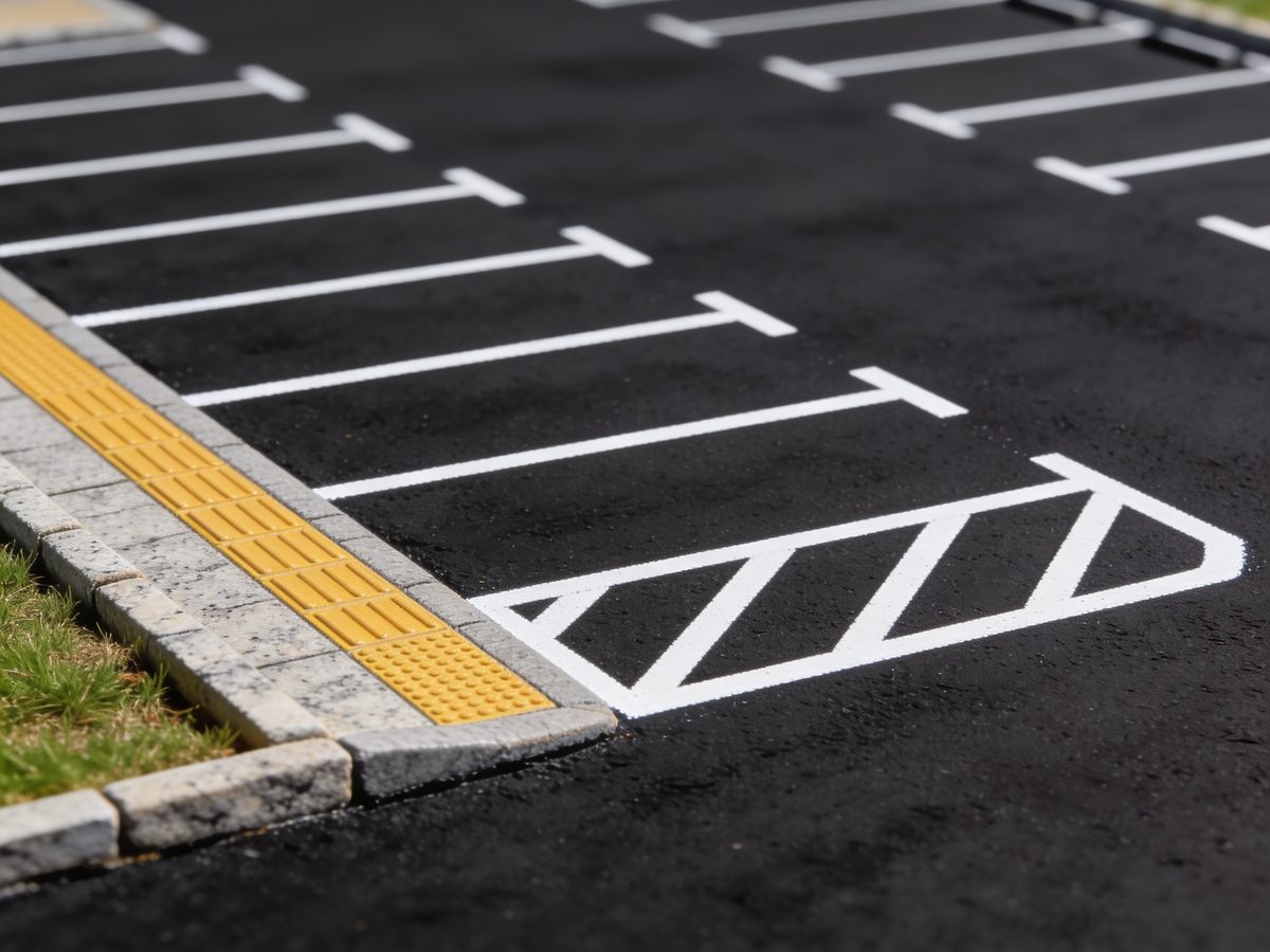 Freshly painted white parking stall lines on newly sealed black asphalt